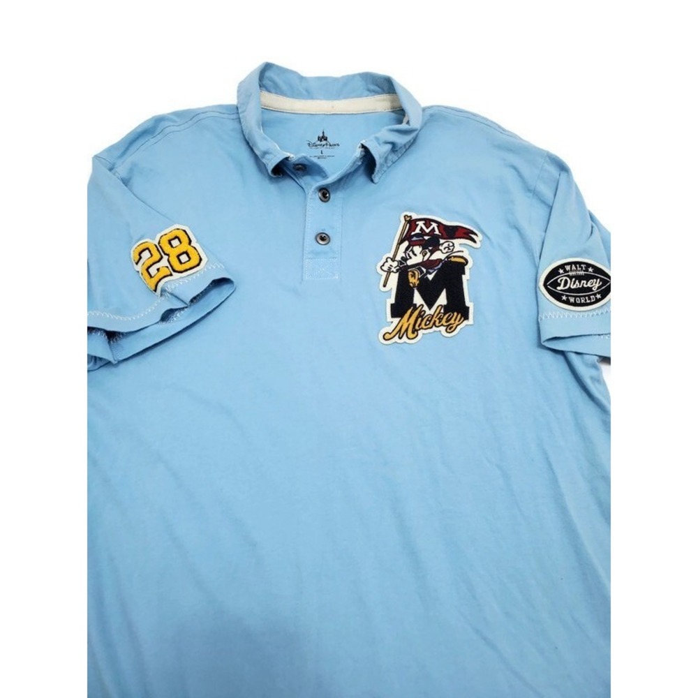 Disney Parks Mickey Mouse Varsity Polo Shirt Light Blue Mens Large L Patch 28